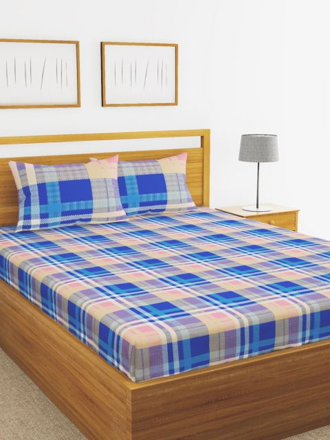 BIANCA Blue & Pink Checked Cotton Fitted Double King Bedsheet with Two Pillow Covers