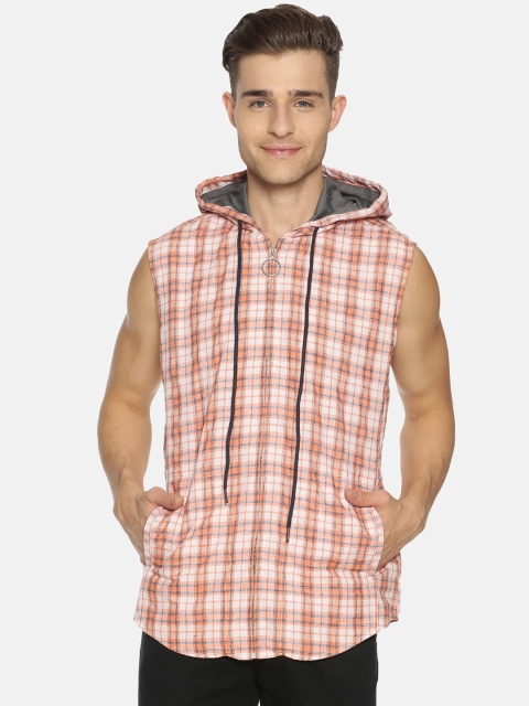 IVOC Men White & Orange Regular Fit Checked Casual Shirt