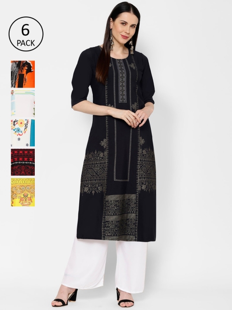 7Threads Women Pack Of 6 Multicoloured Printed Straight Kurtas, Multi