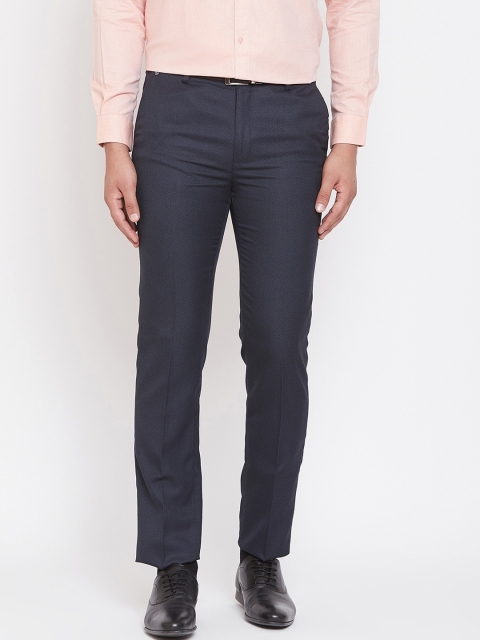 Canary London Men Navy Blue Slim Fit Self Design Formal Trousers