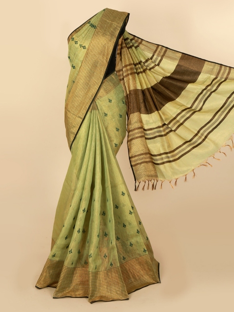 Pothys Green & Gold-Toned Linen Blend Embroidered Saree