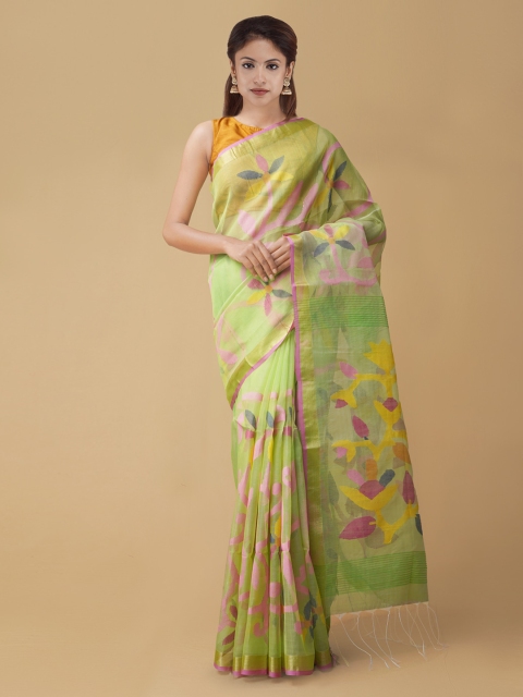 Unnati Silks Green & Yellow Silk Cotton Woven Design Maheshwari Saree