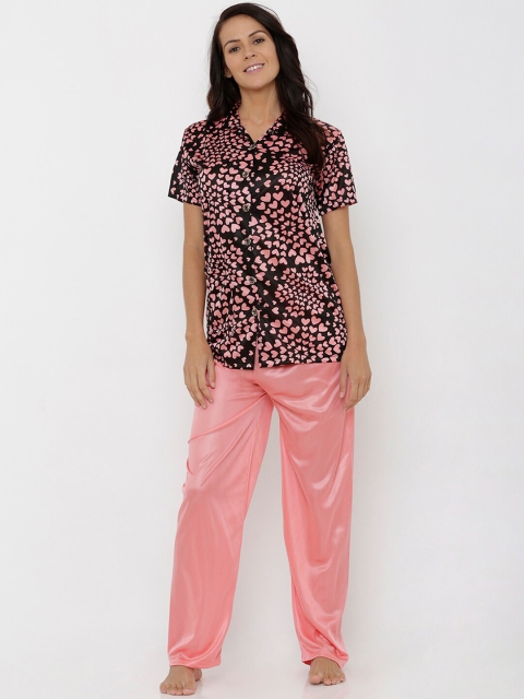 Pretty Awesome Women Peach-Coloured & Black Printed Night suit