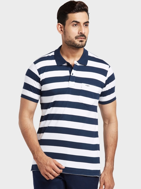 ColorPlus Men White & Navy Blue Striped Polo Collar T-shirt