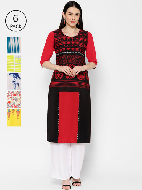 7Threads Women Pack Of 6 Multicoloured Printed Straight Kurtas, Multi 
7Threads Women Pack Of 6 Multicoloured Printed Straight Kurtas, Multi