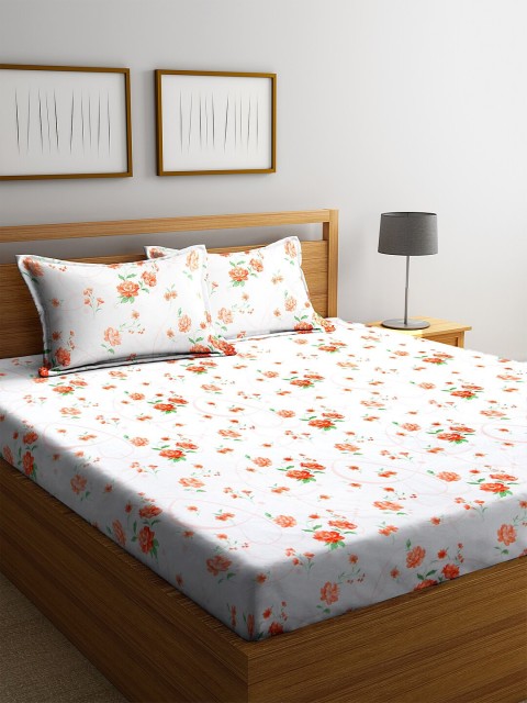 BOMBAY DYEING White & Orange Floral 160 TC Double Queen Bedsheet With 2 Pillow Covers