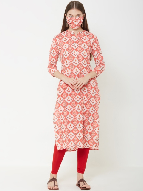 FASHOR Women Peach-Coloured Printed Straight Kurta