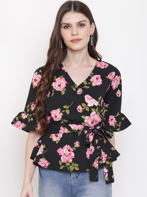 Mayra Women Black Floral Printed Wrap Top 
Mayra Women Black Floral Printed Wrap Top