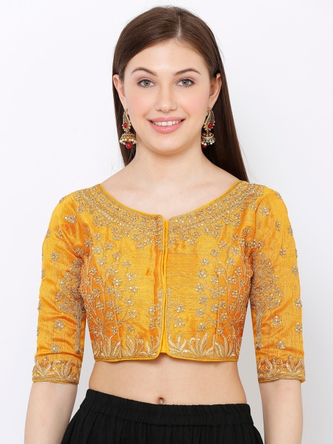 SALWAR STUDIO Women Yellow Embroidered Silk Readymade Saree Blouse