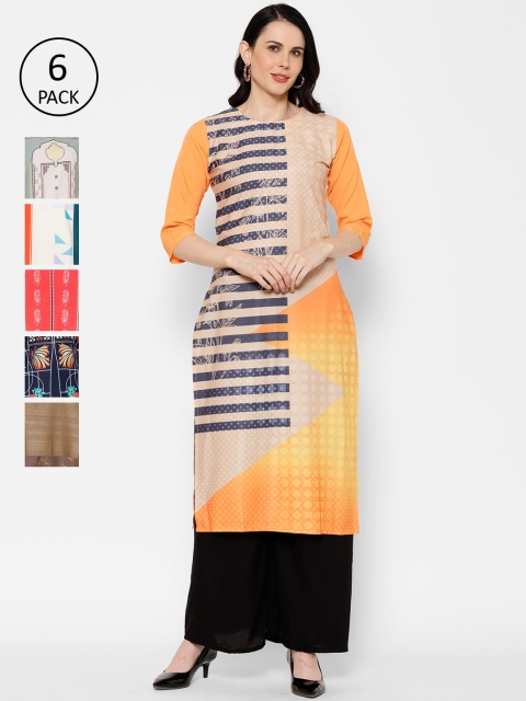 7Threads Women Pack Of 6 Multicoloured Printed Straight Kurtas, Multi