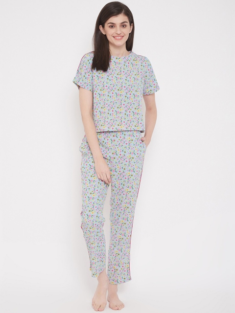 Clovia Women Blue & Pink Printed Night suit