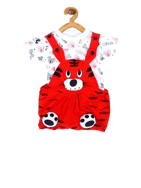 ICABLE Infant Kids White & Red Printed T-shirt with Dungarees