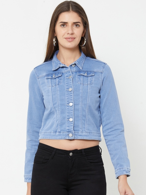 Kraus Jeans Women Blue Solid Denim Crop Jacket