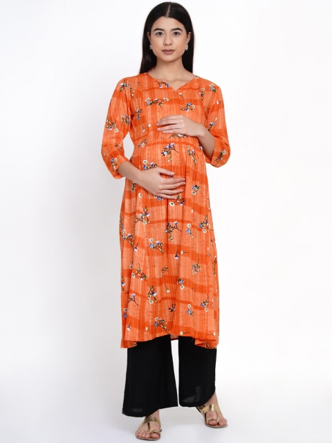 Mine4Nine Women Orange & Black Printed Maternity Kurta with Palazzos