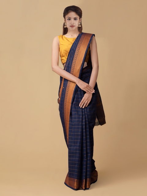 Unnati Silks Navy Blue & Brown Pure Cotton Checked Uppada Handloom Saree