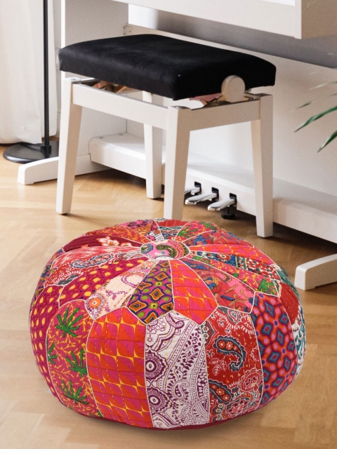 Tistabene Green & Red Round-Shaped Patchwork Handloom Printed Floor Cushion