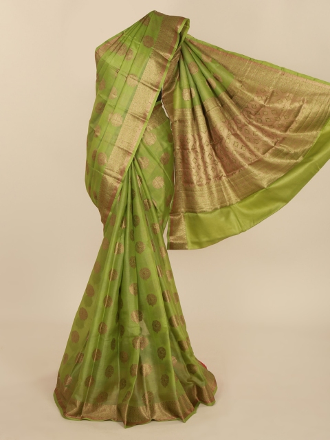 Pothys Green & Gold-Toned Jute Silk Woven Design Tussar Saree