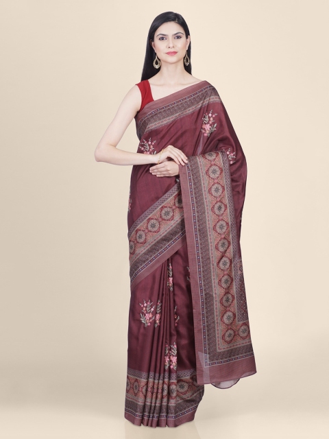 Kasat Brown Silk Blend Printed Handloom Tussar Saree