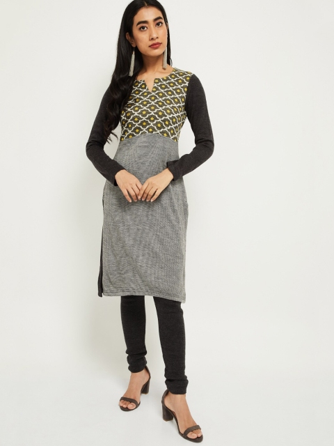 max Women Grey & Black Printed Straight Kurta
