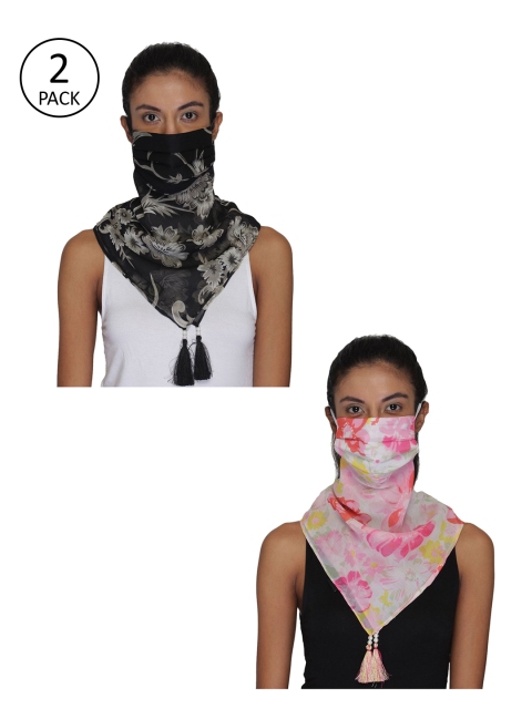 Anekaant Women Pack Of 2 3-Ply Reusable Scarf-Style Cloth Mask, Black