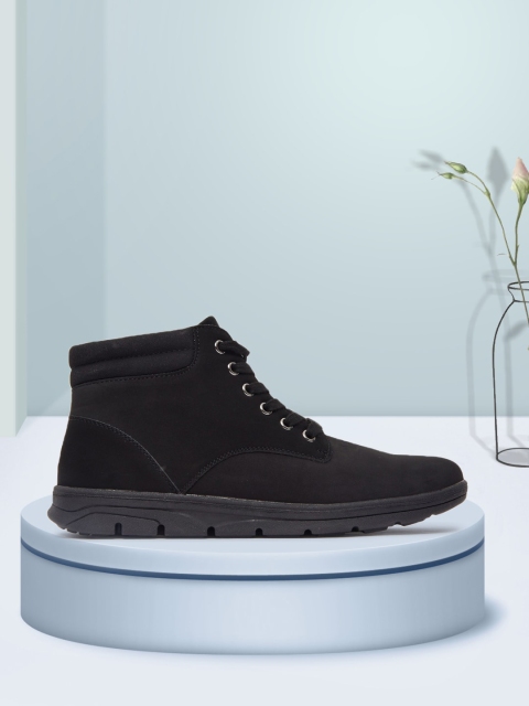 shoexpress Men Black Solid PU Mid-Top Flat Boots