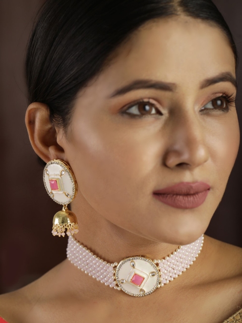 Priyaasi Gold-Plated White & Pink Stone-Studded Handcrafted Jewellery Set