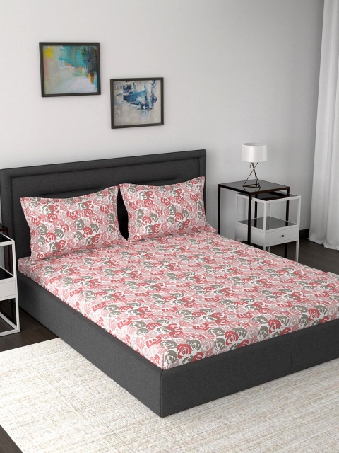 MASPAR Red & Off-White Floral 160 TC Cotton 1 Queen Bedsheet with 2 Pillow Covers