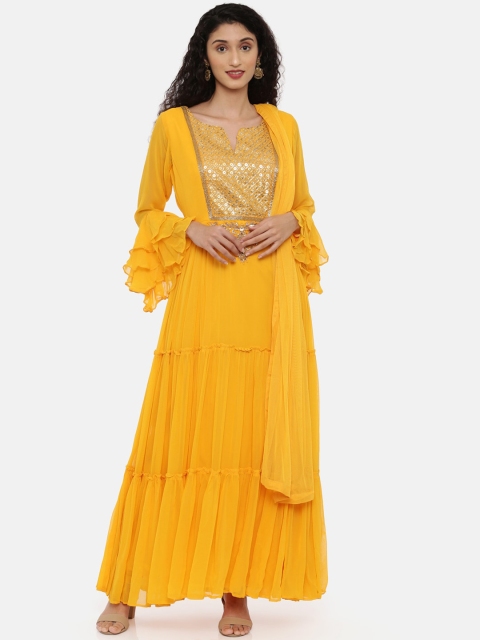 Neerus Women Mustard Yoke Design Kurta with Palazzos & Dupatta