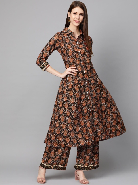 mokshi Women Black & Orange Printed Cotton Anarkali Kurta