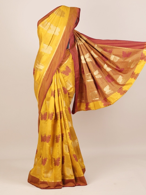 Pothys Mustard Yellow & Silver-Toned Jute Silk Woven Design Saree