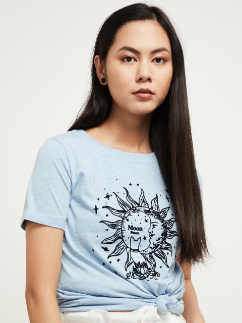 max Women Blue & Black Printed Round Neck T-shirt