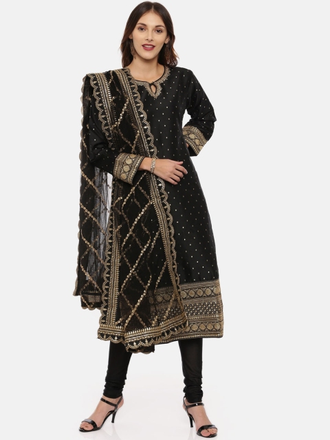 Neerus Women Black Woven Design Silk Kurta with Churidar & Dupatta