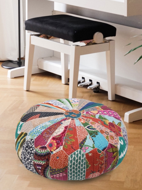 Tistabene Red & Blue Printed Patchwork Round-Shaped Floor Cushion