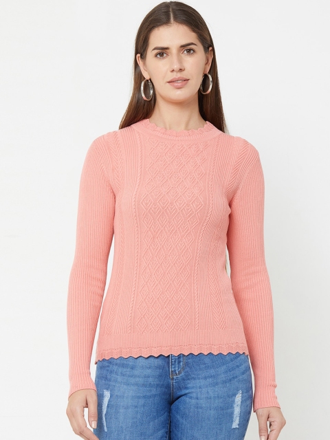 Kraus Jeans Women Peach-Coloured Self-Design Pullover Sweater