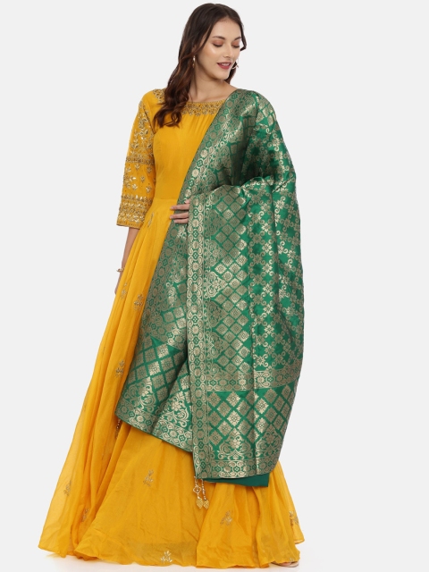 Neerus Women Mustard & Green Solid Kurta with Churidar & Dupatta