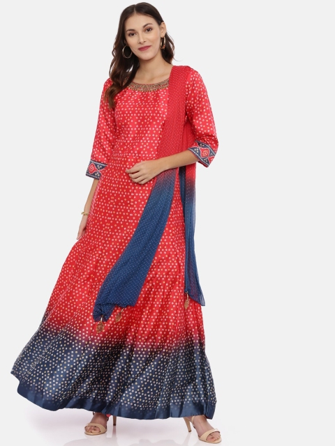 Neerus Women Red Printed Kurta with Palazzos & Dupatta