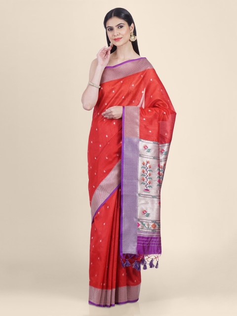 Kasat Red & Purple Pure Cotton Handloom Woven Design Paithani Saree