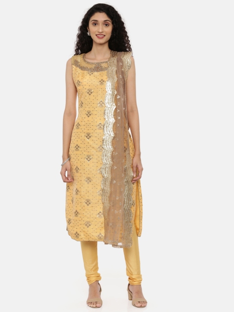 Neerus Women Mustard Woven Design Kurta with Churidar & Dupatta