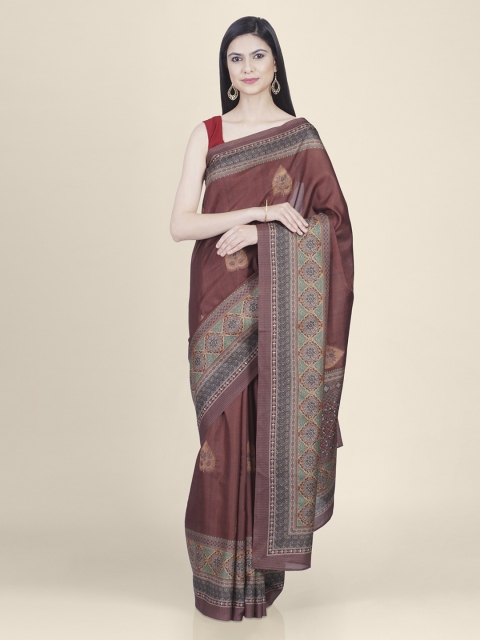 Kasat Brown & Green Silk Blend Woven Design Tussar Saree