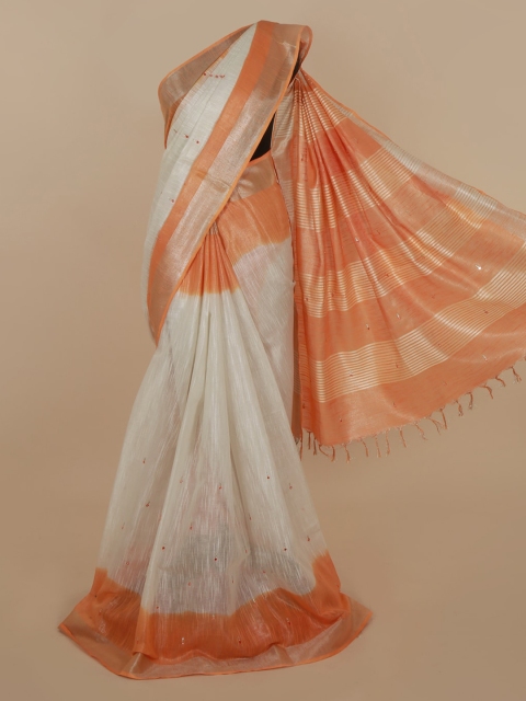 Pothys Off-White & Orange Pure Linen Woven Design Saree