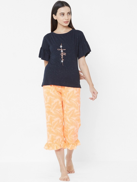 Sweet Dreams Women Navy Blue & Orange Printed Night suit
