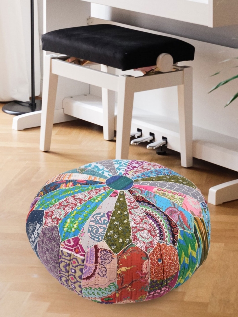 Tistabene Blue & Olive Green Printed Patchwork Round-Shaped Floor Cushion