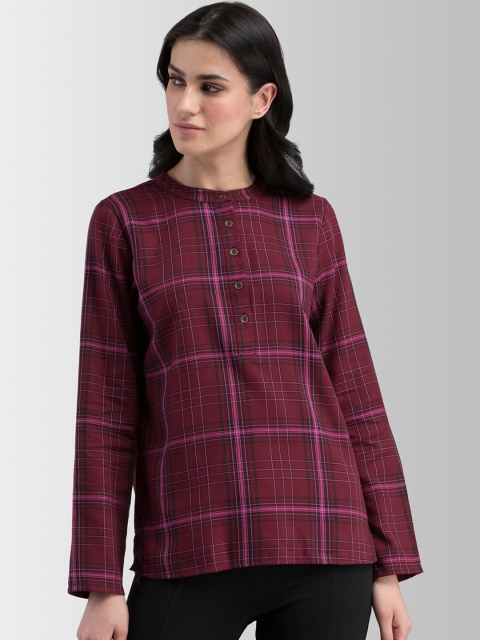 FableStreet Women Maroon & Black Checked Top