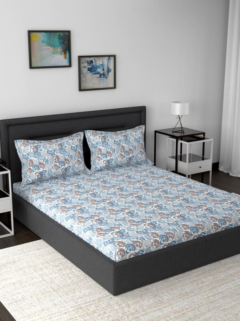 MASPAR Blue Floral 160 TC Cotton 1 Queen Bedsheet with 2 Pillow Covers