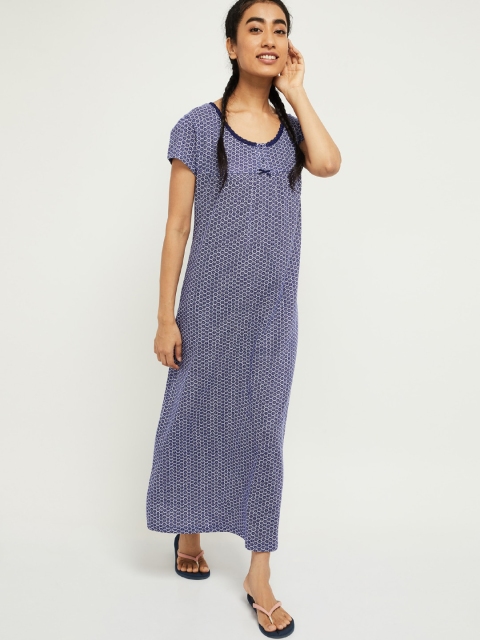 max Navy Blue & White Printed Nightdress