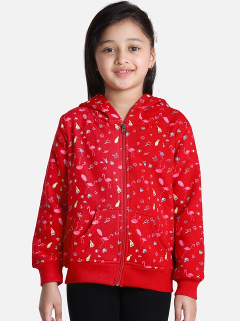 StyleStone Girls Red & Pink Flamingo Printed Hooded Sweatshirt