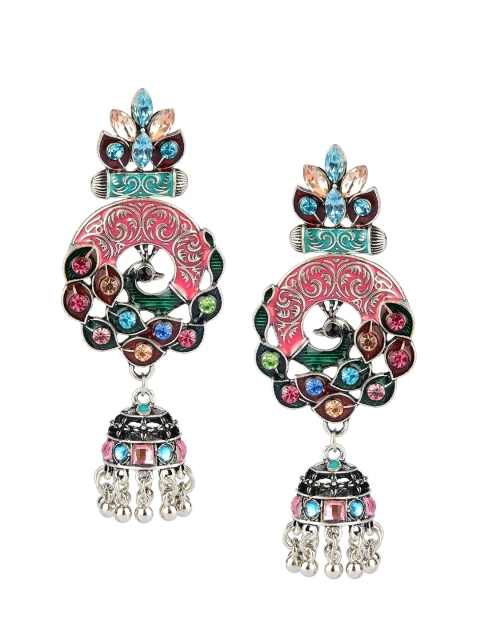 DESI COLOUR Black & Pink Oxidised Peacock Shaped Jhumkas