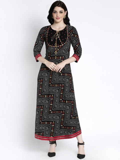 ANAISA Women Black & White Printed Mirror Embroidery Maxi Dress