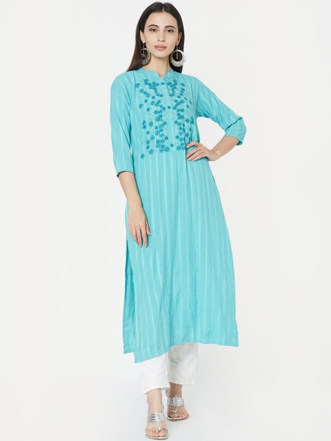 FASHOR Women Turquoise Blue & Off-White Yoke Design A-Line Kurta