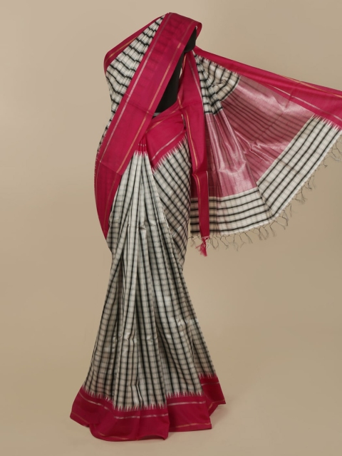 Pothys Off-White Checked Jute Silk Saree